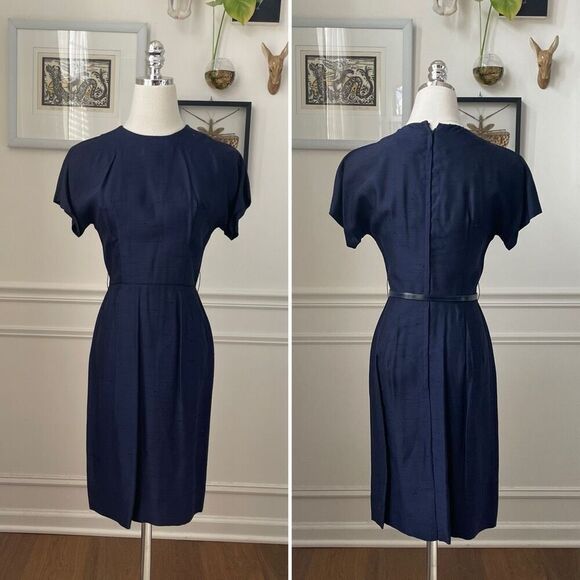 Vintage Mix & Match Dark Blue Sheath Dress Long Blazer Ivory Trim XS - Picture 2 of 13